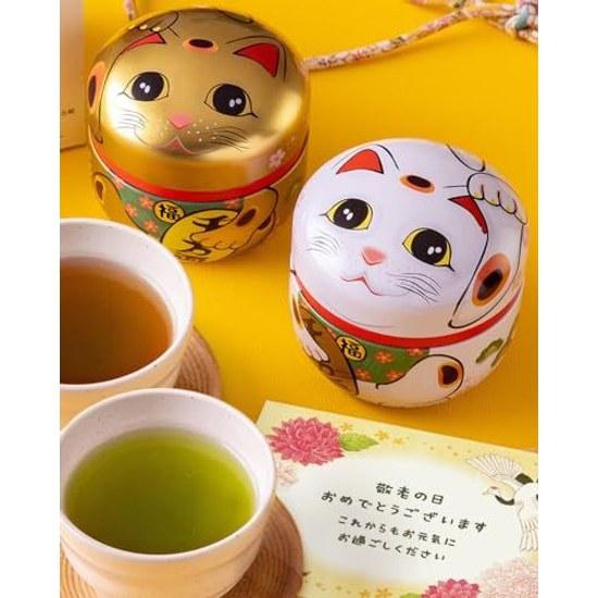 Respect Aged Day gift Shizuoka tea lucky cat can deep-steamed 80g hojicha 30g decorative box message card present Suzuko set green leaves Makinohara