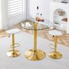 Flexibles Stangen-Set: 89 cm Glastisch + 2 Hocker mit goldfarbenen Beinen, höhenverstellbar & drehbar.