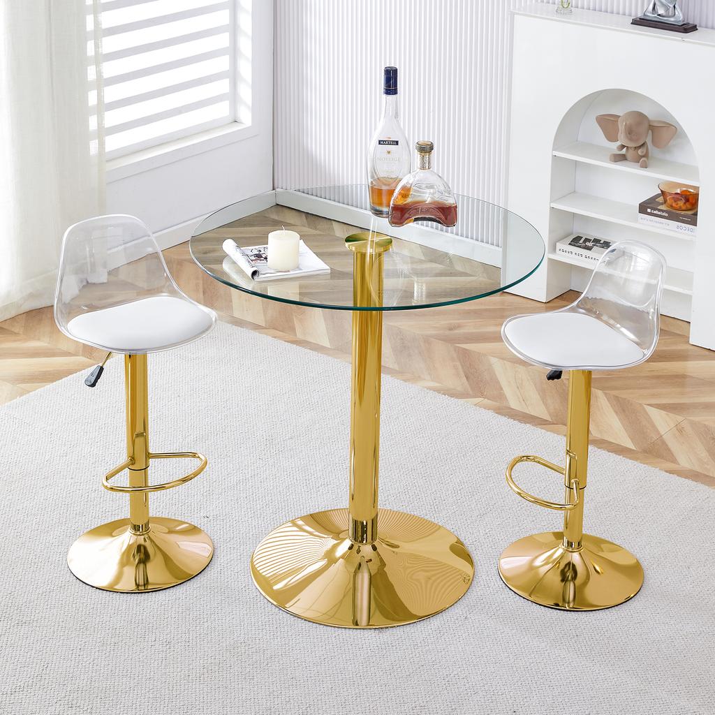 Flexible Bar Set: 89 cm Glass Table + 2 Stools with Gold-Colored Legs, Height-Adjustable & Rotatable.