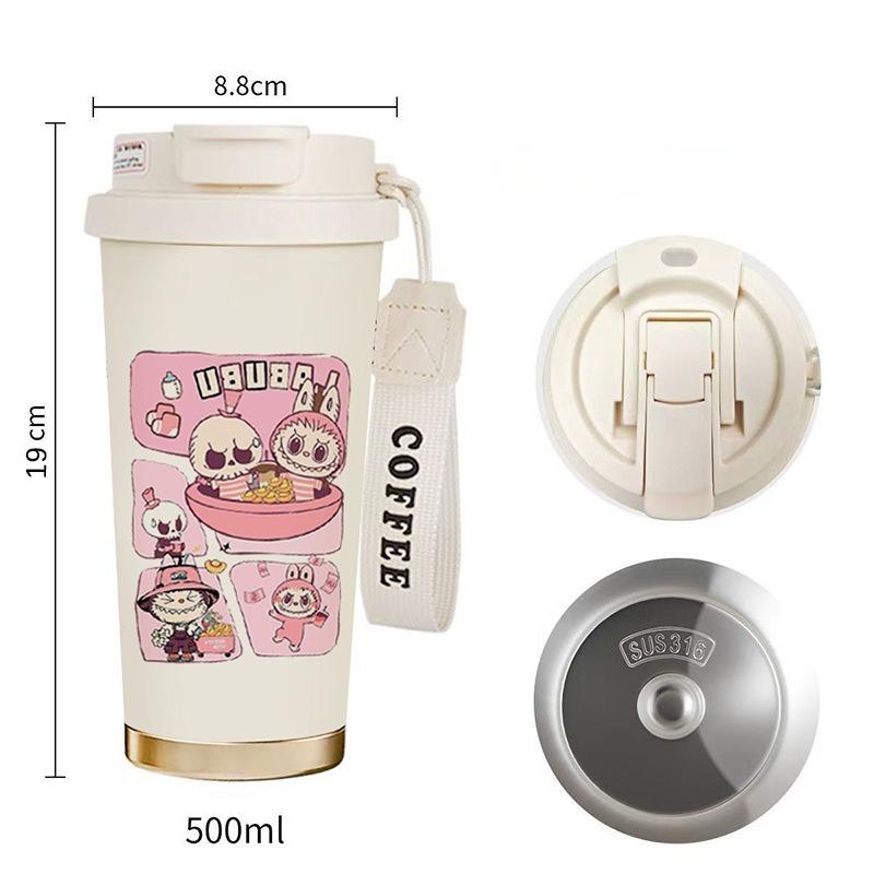 Kubek do kawy Labubu kubek termosowy z stali nierdzewnej 316 o wysokiej wartości męski i damski kubek na wodę kreskówkowy kubek ze słomką do picia podwójnego