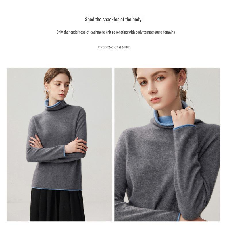 2026 A/W Stacked Collar Color Block Two-Piece Look Cashmere Women’s Pullover Long Sleeve Knit Sweater