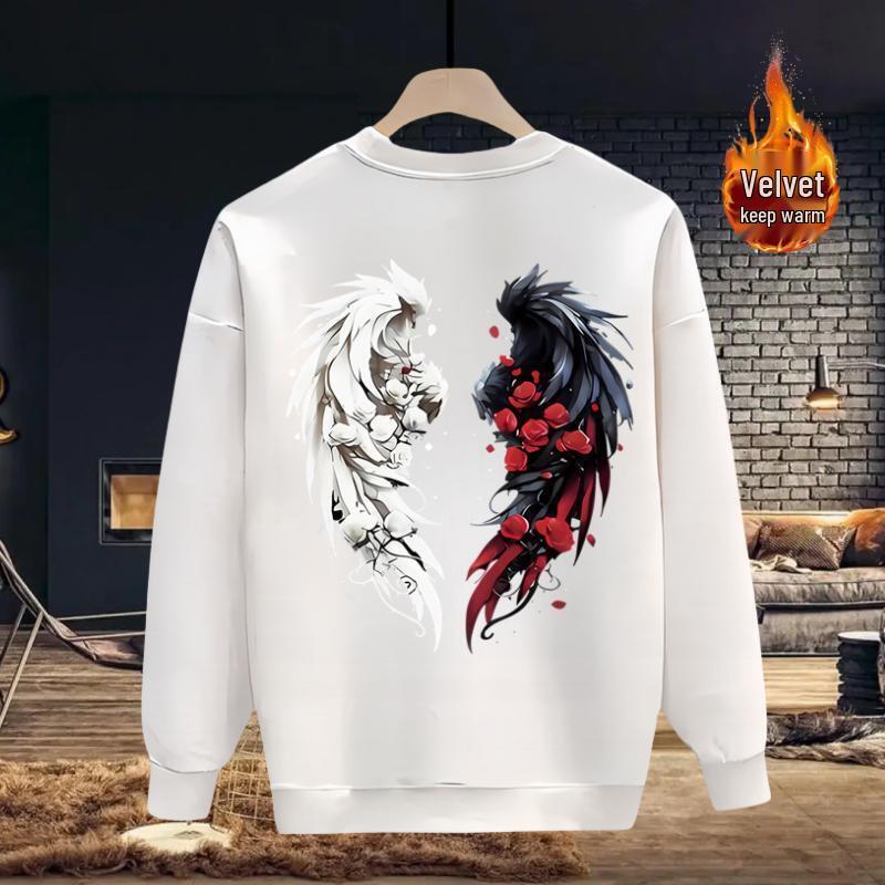 Guochao Men's Street Style Hoodie - 2024 Spring/Autumn Loose Round Neck Plus Velvet Casual Wear