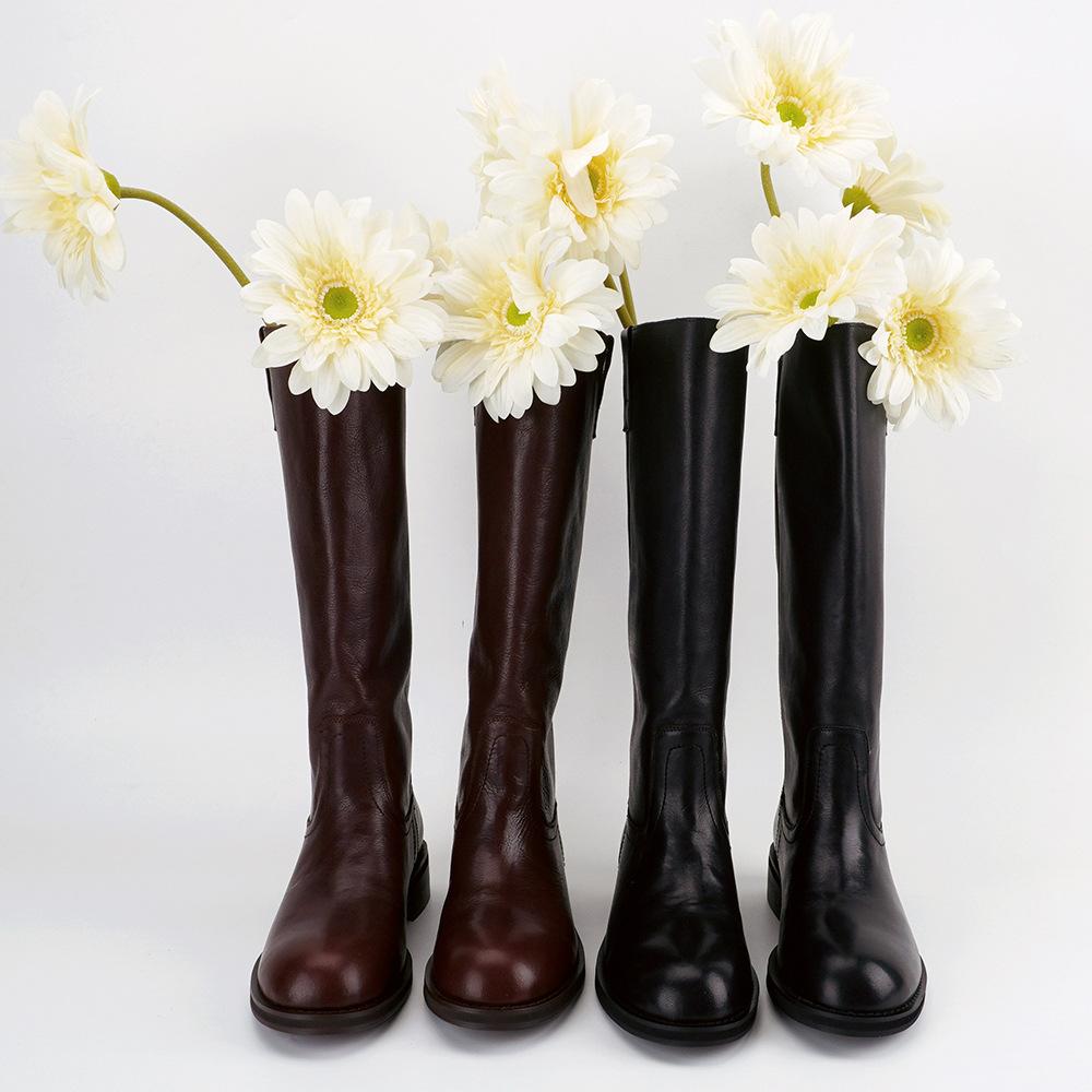 3.5CM British Style Fashion Cowhide Knight Boots 2025 Autumn and Winter New Round Head Thick Heel But Knee High Boots