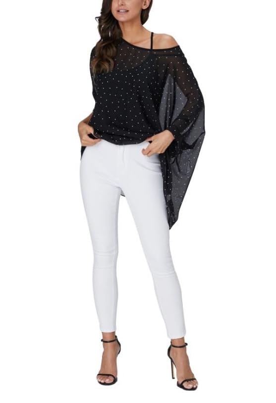 Sara Rose Chiffon Loose Summer Blouse with Sleeves Black Polka Women's Tunic, See-Through 3/4 (Free, Dots)