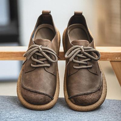 New Men's Casual Leather Shoes Retro Trend Big Head Shoes Low Top Lace Up Soft Soled Casual Shoes Versatile Fashion Shoe Men