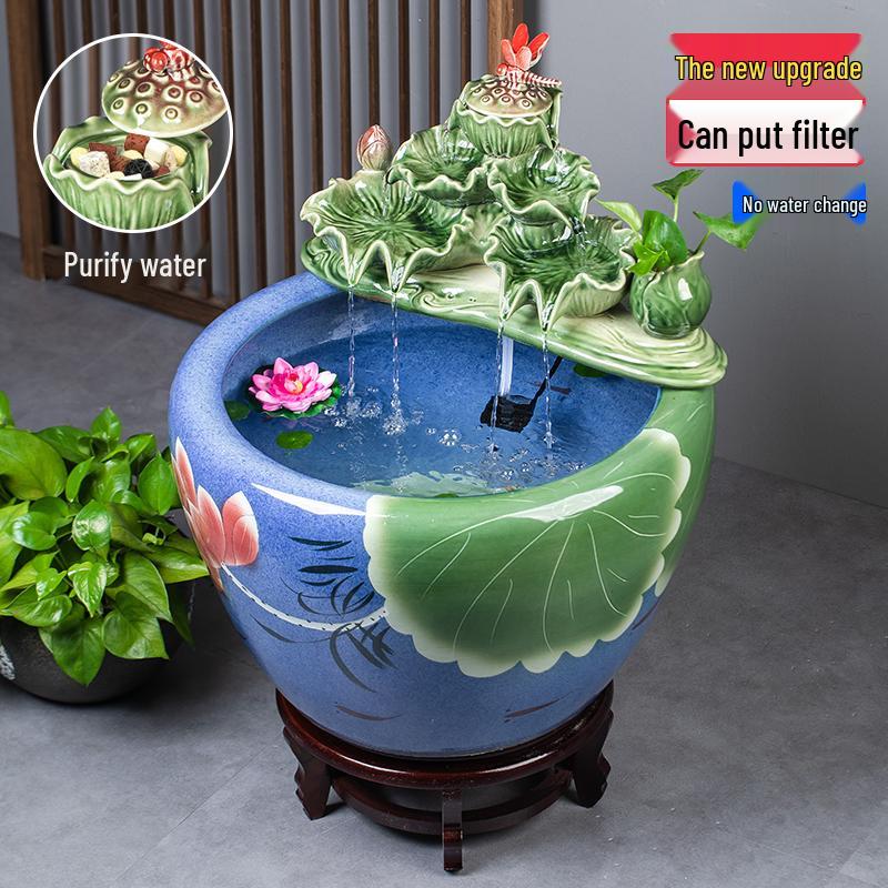 Jingdezhen Goldfish Tank: Floor-Standing Ceramic Water Feature for Balcony, Office, or Living Room.