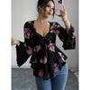 DAFIFY Women's Fashion Casual Spring Autumn Flower Pattern Print Long Sleeve V-Neck Blouses & Shirts