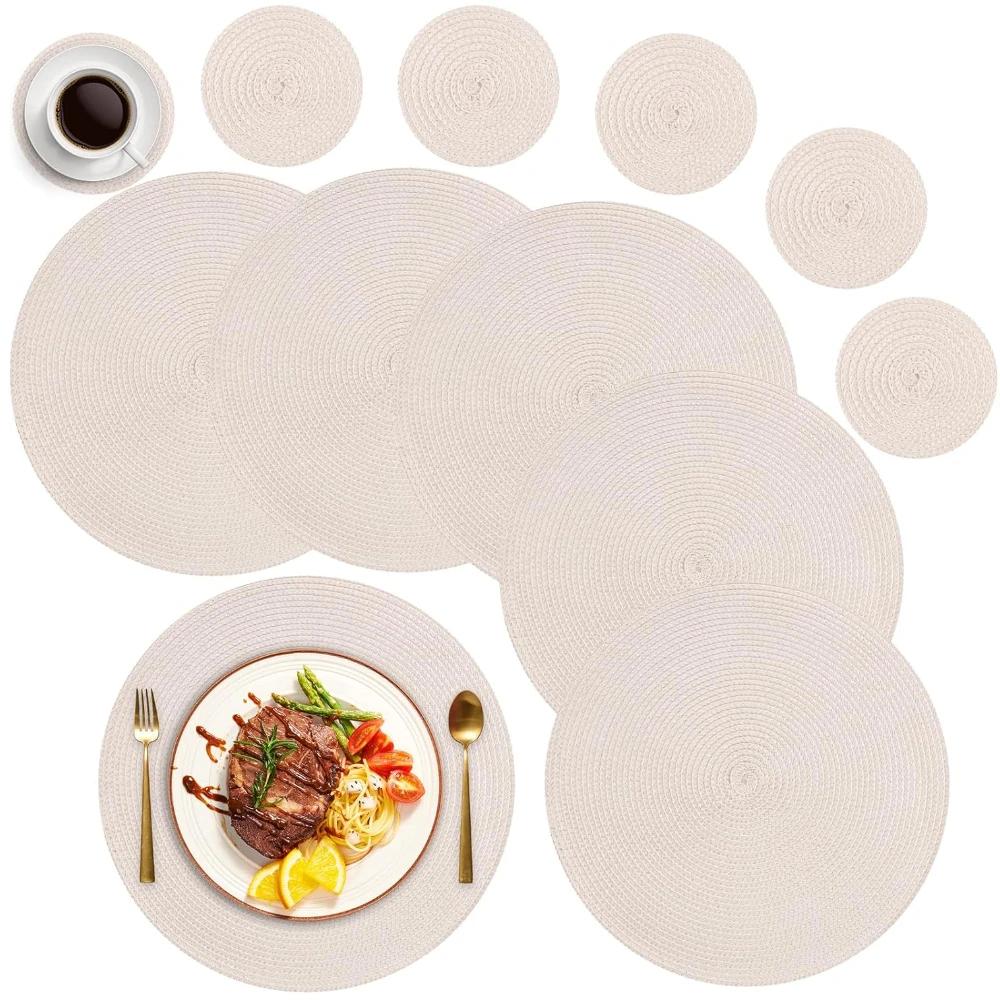 6Pcs Round Table Mat and Cup Coasters Set Woven Ramie Placemats Anti Slip Dining Placemats Non-Slip Tableware Bowl Pads Kitchen
