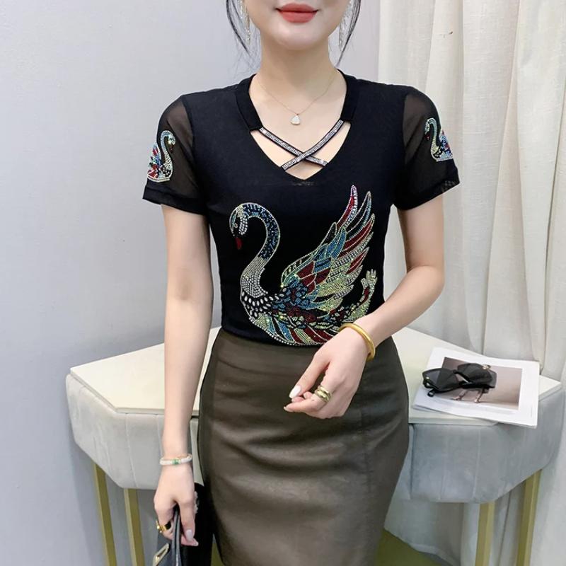 Summer Chic Women Clothes T-shirt Sexy Hollow Out Cartoon Swan Hot Diamonds Tops High Quality Female Luxury Slim Stretch Tees