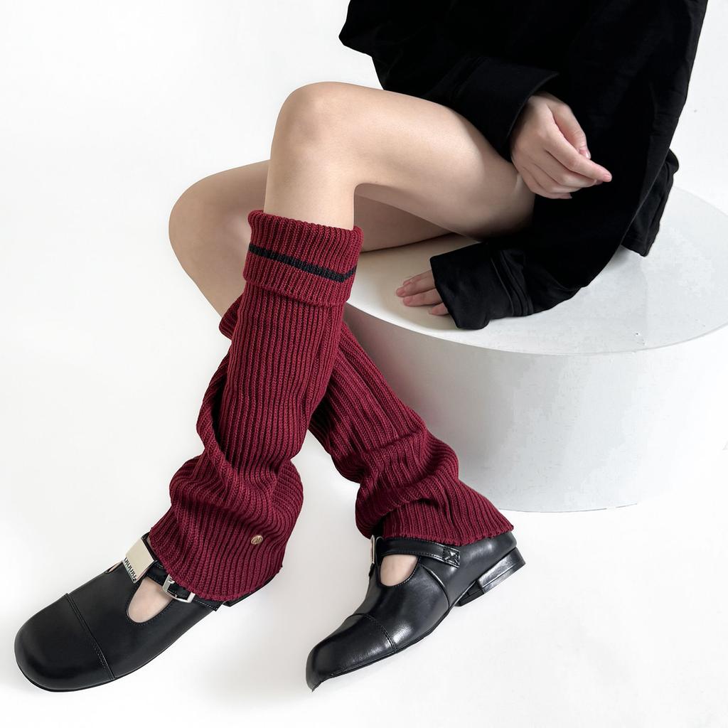 Metal Buckle Design Cuffed Loose Slouchy Leg Warmers for Women Autumn Winter Warm Striped Preppy Style