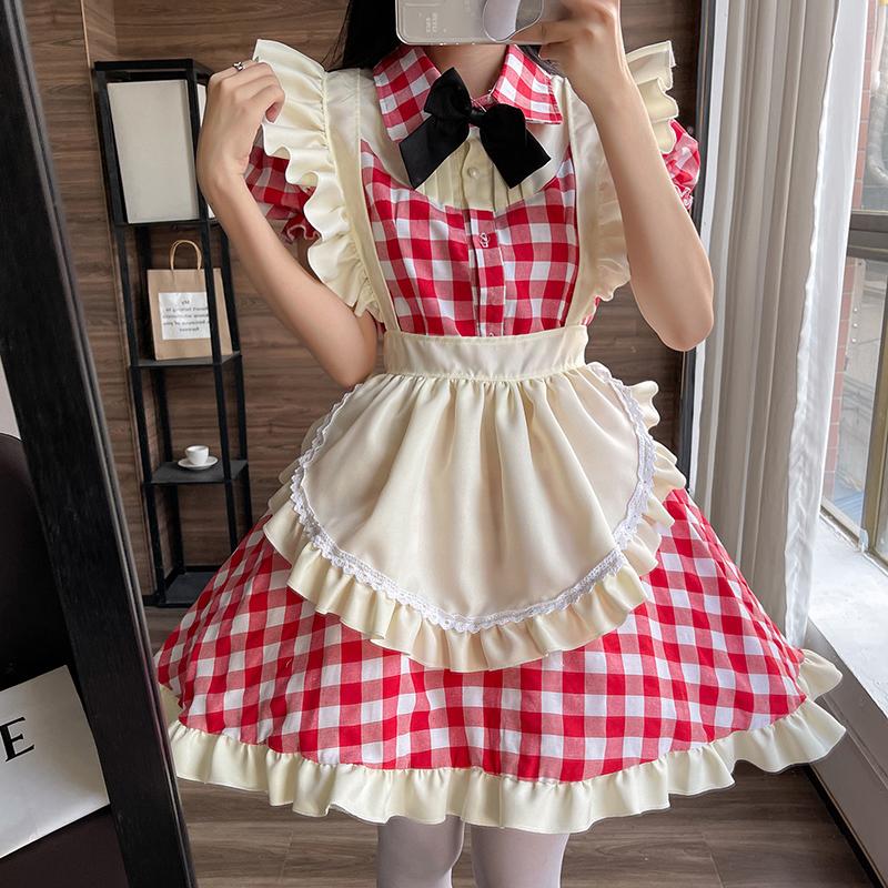 Japanese Cute Style Lolita Maid Dress Sexy Cosplay Maid Uniform Dress Black And Red Plus Size