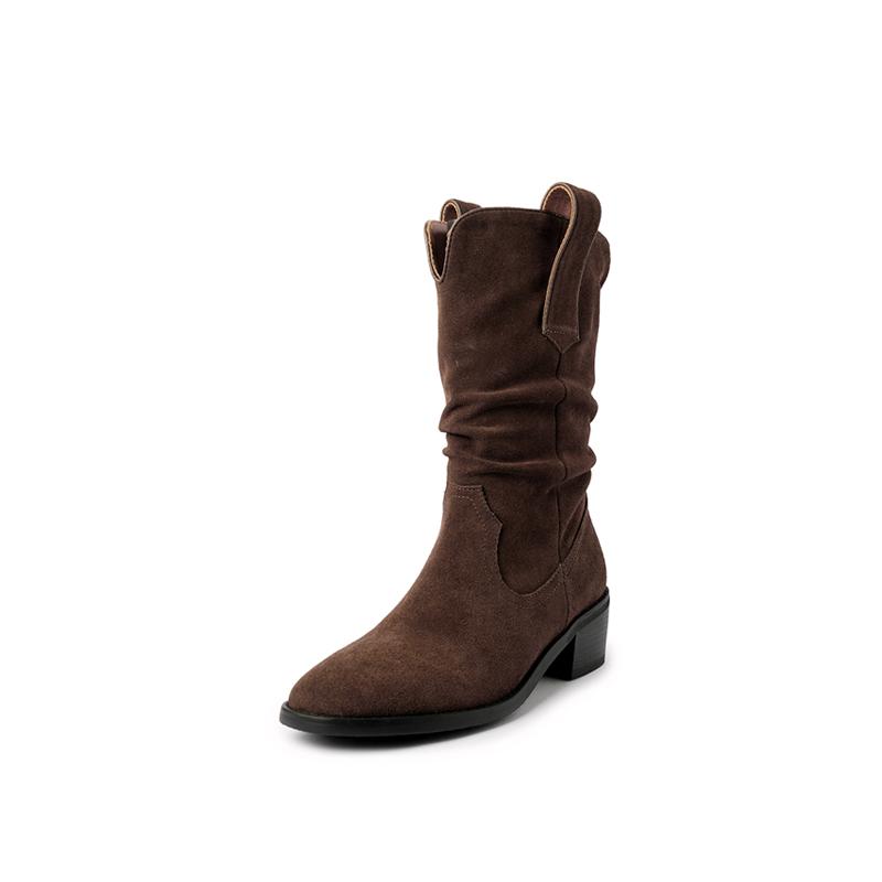 

Новые плиссированные ботфорты на платформе 2025 новый летний толстый каблук V-образный вырез тонкие универсальные средней длины трубы американский ретро западный 40