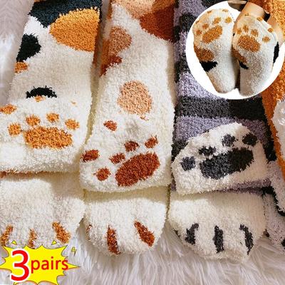 3/1Paar Katzenpfoten-Socken Winter Warm Verdicken Flauschige Strümpfe Damen Mädchen Schwarz Weiß Korallenfleece Zuhause Boden Schlafen Socken