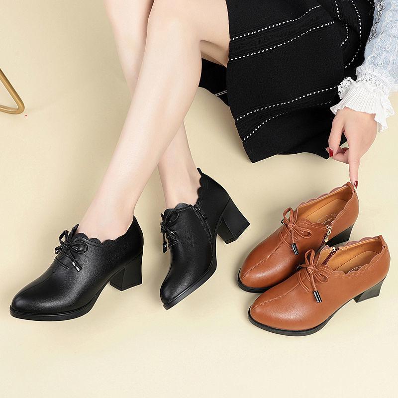 Spring 2023 Leather Bow Mid-Heel Shoes for Women