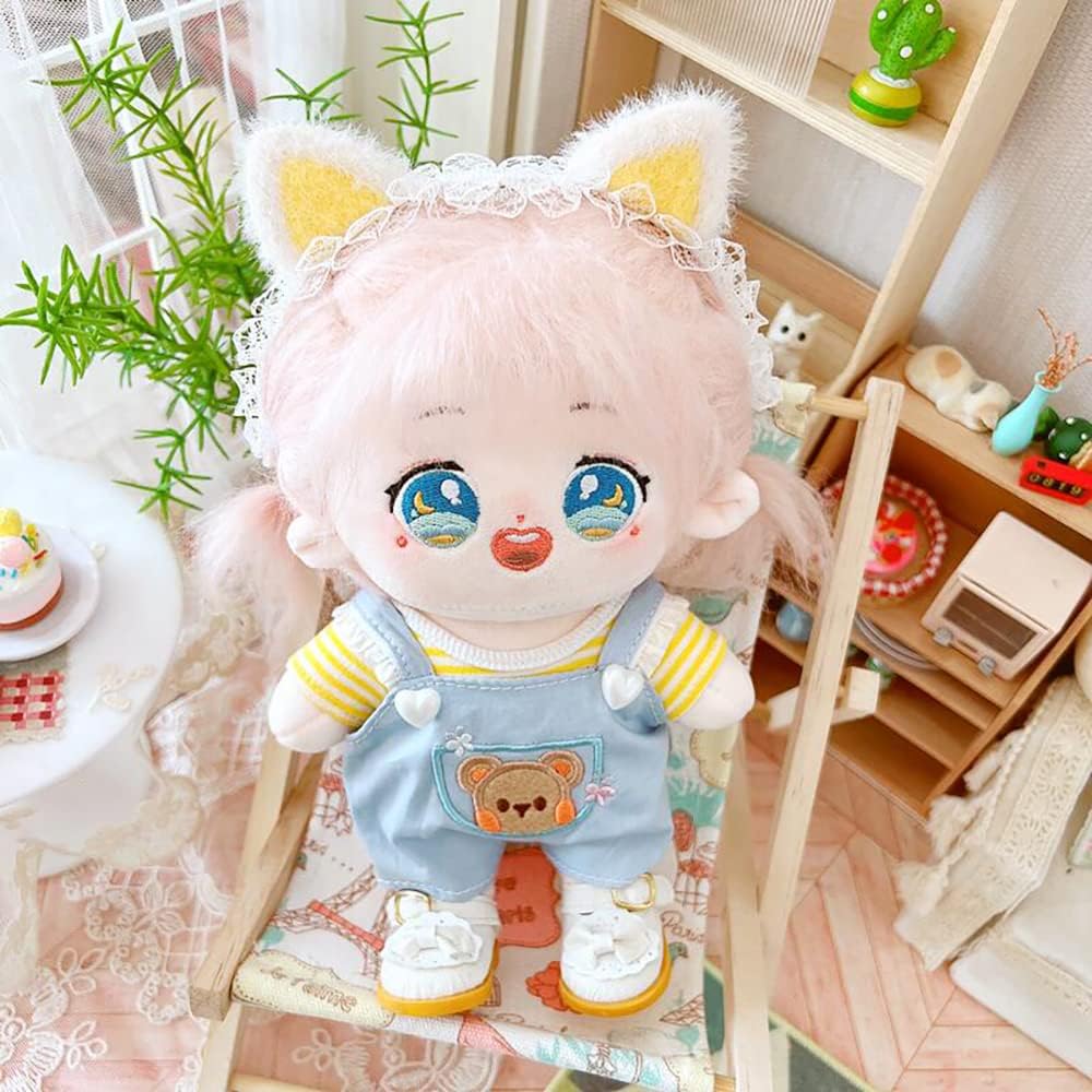 Niannyyhouse 20cm Plushie Doll Clothes Bear Overalls Striped T-Shirt Kpop Doll Clothing (Yellow)