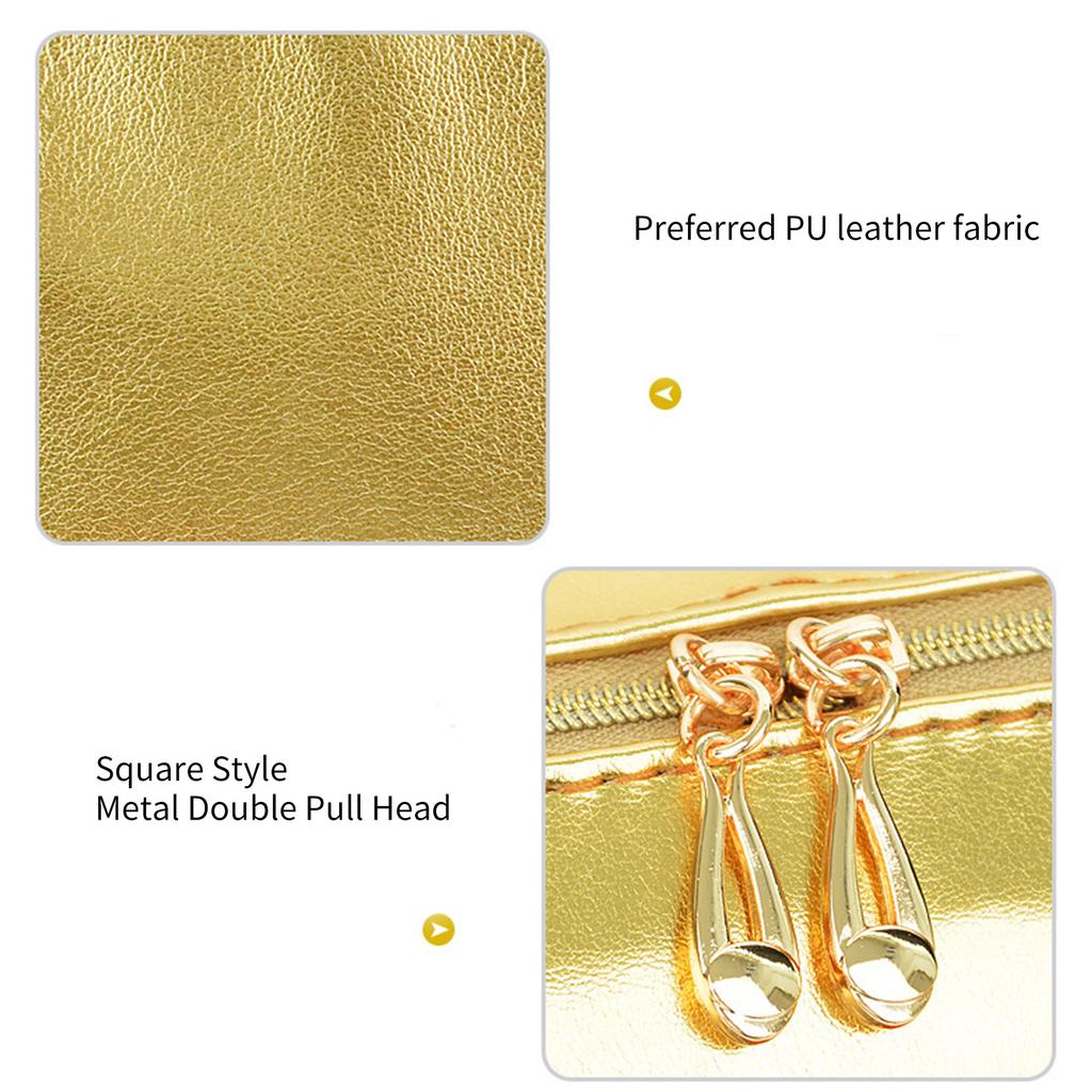 Handheld Makeup Bag with Large Capacity Gold PU Leather Zipper Bags Versatile Make Up Pouch Cosmetic Travel Organizer