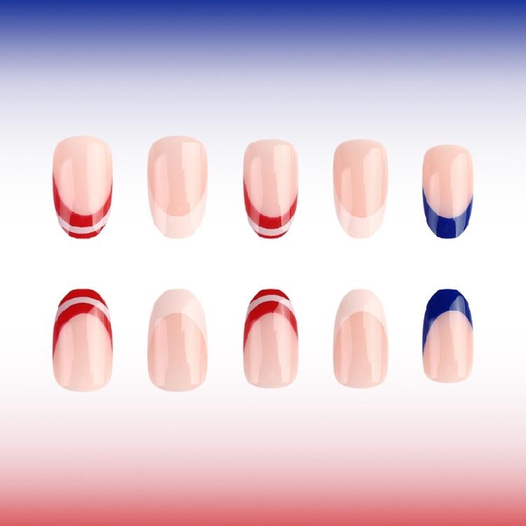 Unghia Finta Quadrata French Tip Unghia a Pressione Copertura Totale Unghia Finta Giorno dell'Indipendenza Unghia da Incollare Unghia Finta Patriottica