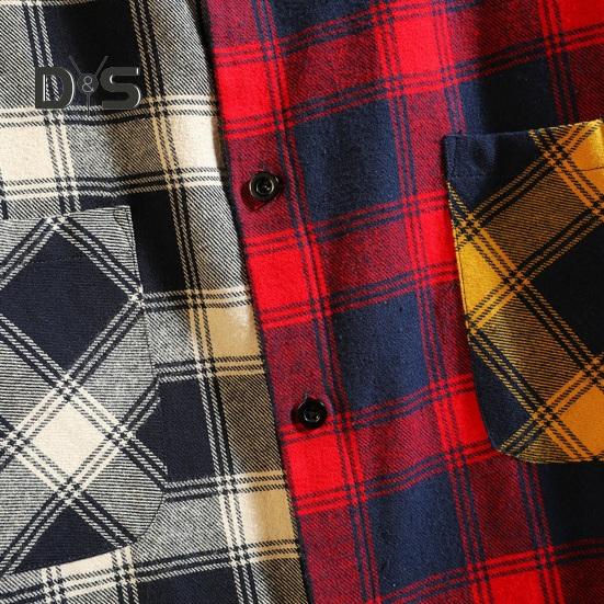 Men Spring Shirt Colorblock Plaid Print Single-breasted Loose Long Sleeve Lapel Buttons Streetwear Casual Cardigan Shirt Coat