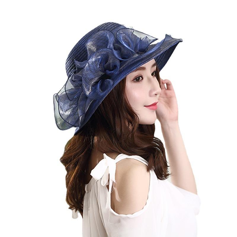 Hat women's summer European and American style organza straw woven stacking flower fashion mesh yarn hat sun protection sun hat versatile cool hat