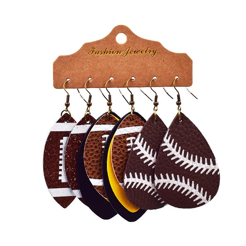 World Cup sports ball drop-shaped leather earrings, basketball, football, rugby, baseball earrings, multi-layered earrings, three pairs in one pack