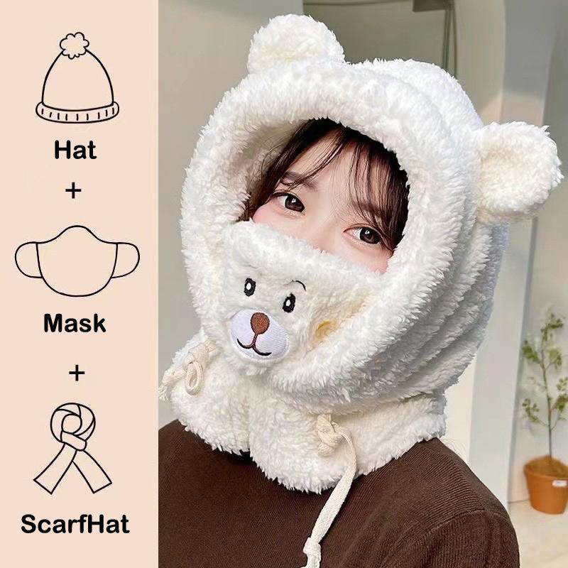 Winter Cartoon Hat With Mask Bear Lamb Beanie Hats Warm Thickened Ear Protection Beanies For Women Girl Scarf Hat