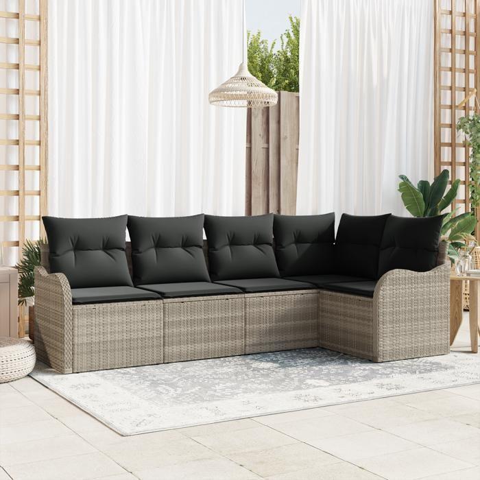 Ensemble de canapé de jardin 5 pièces avec coussins en poly rotin gris clair, Canapé de jardin 2 places avec rangement 3354371
