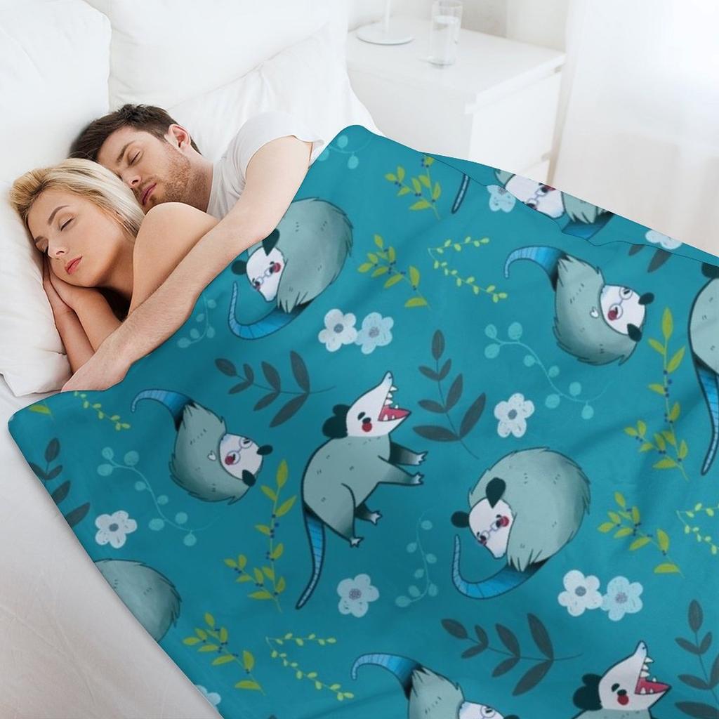 Possum - Cute Blue and Green Cartoon Animal Pattern Throw Blanket Tourist Blankets For Sofas Custom Flannel Fabric Blankets