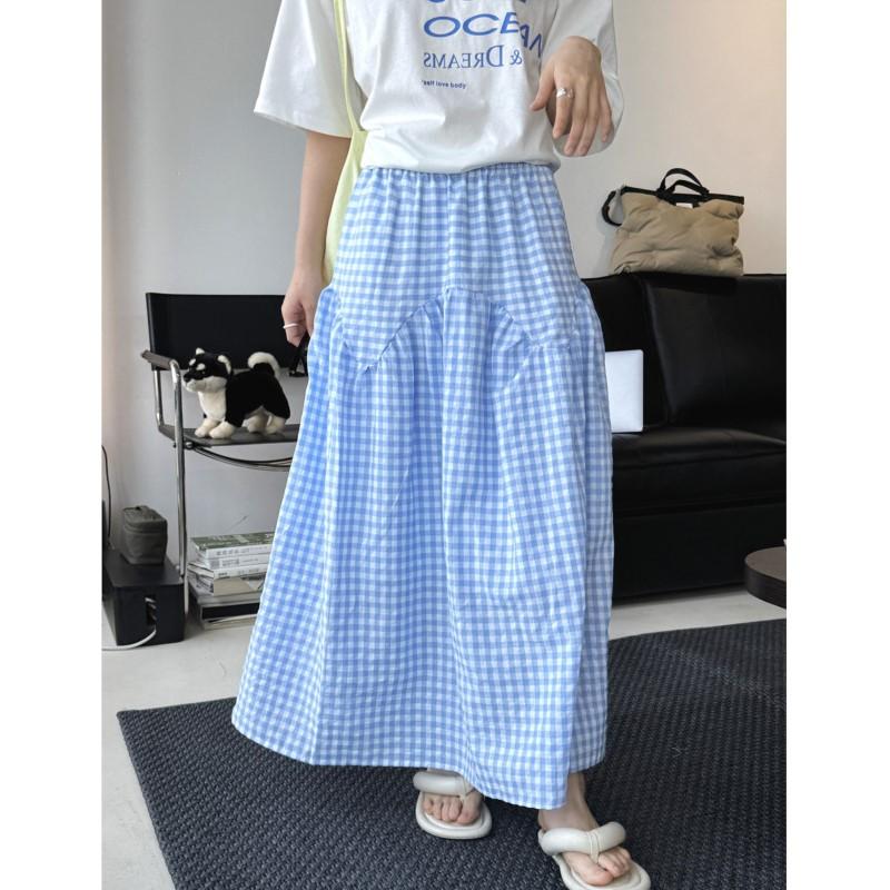 Johnature Koreanischer Retro-Plaidrock mit Stickerei Lässig Schlicht Vielseitig Sommer Drapierter Langer Rock Damen