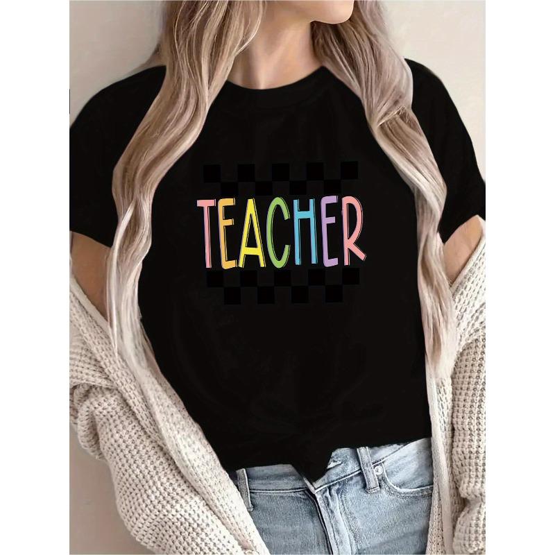 Newly Recommended Teacher-Themed Printed T-Shirt, Casual for Women, Suitable for Vacations, Short-Sleeved with A Round Neck,