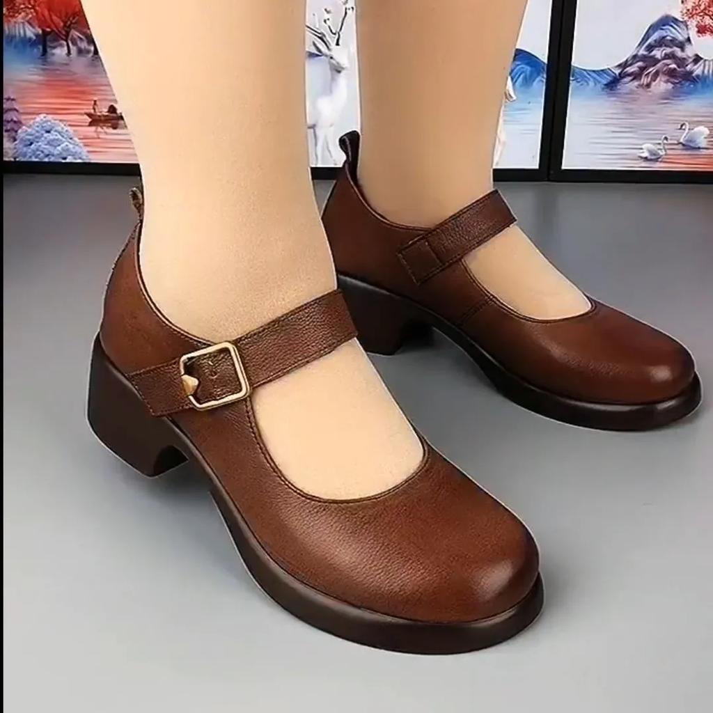 Fashion sapatos femininas women cute black round toe buckle strap anti skid square heel shoes lady casual brown cool heel shoes ea480
