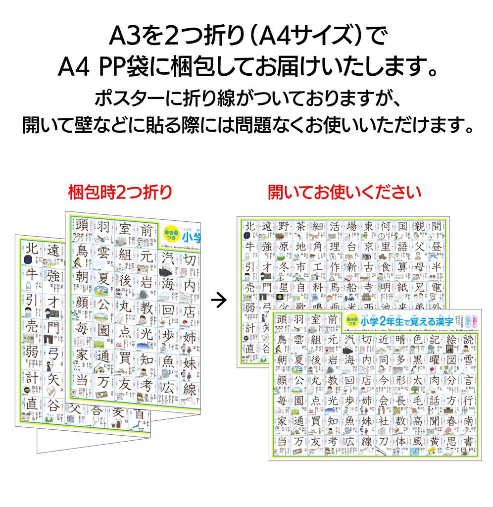Bath Poster for Second Kanji A3 Yupo 2 Includes Stroke Usage and Illustrations [Fully Waterproof] Graders Chart, Paper, Sheets, Order, Examples,