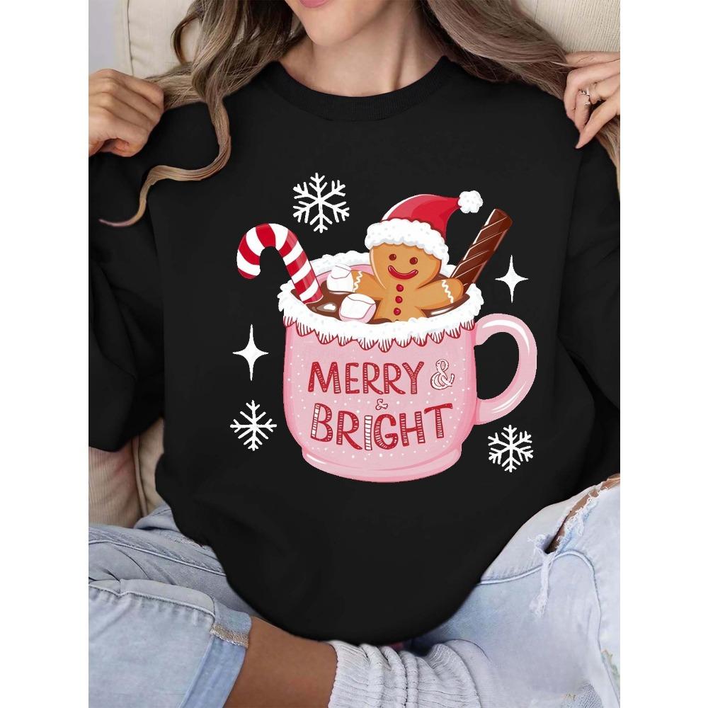 

MERRY BRIGHT Christmas Gingerbread Printed Hoodie Autumn and Winter Women s Round Neck Top Long Sleeved Pullover Casual Clothing XL