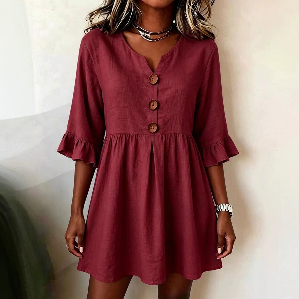 Women's Color V-Neck Half Sleeve Loose Fit Casual Dress for Work Commute