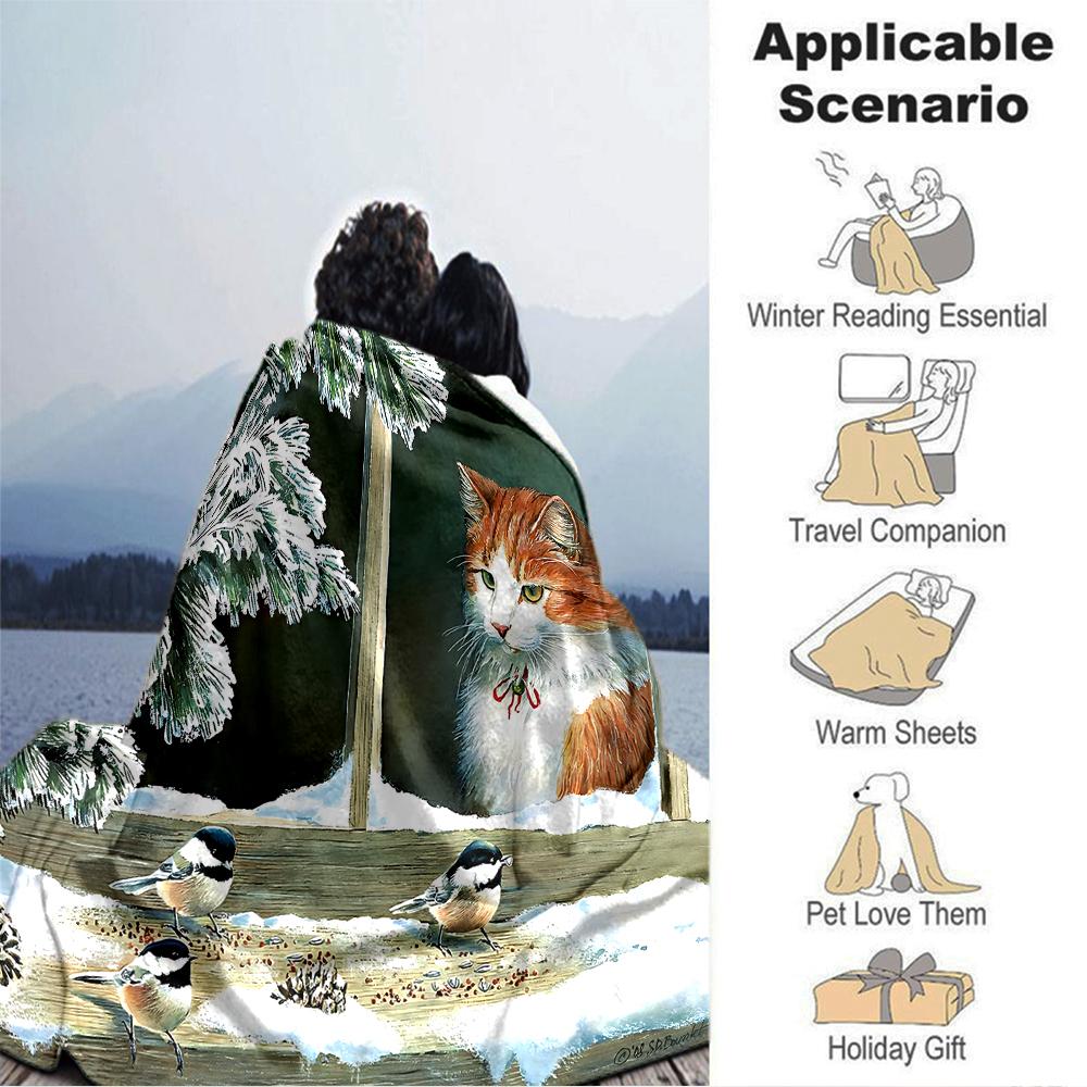 Cat Chickadees Winter Blanket Soft Throw Blanket For Home Bedroom Bed Sofa Travel Office Solid Christmas Blanket