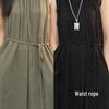 French Style Black Pleated Drape Maxi Dress with Tie-Up Waist for Women - Spring/Summer Collection