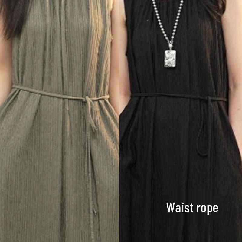 French Style Black Pleated Drape Maxi Dress with Tie-Up Waist for Women - Spring/Summer Collection