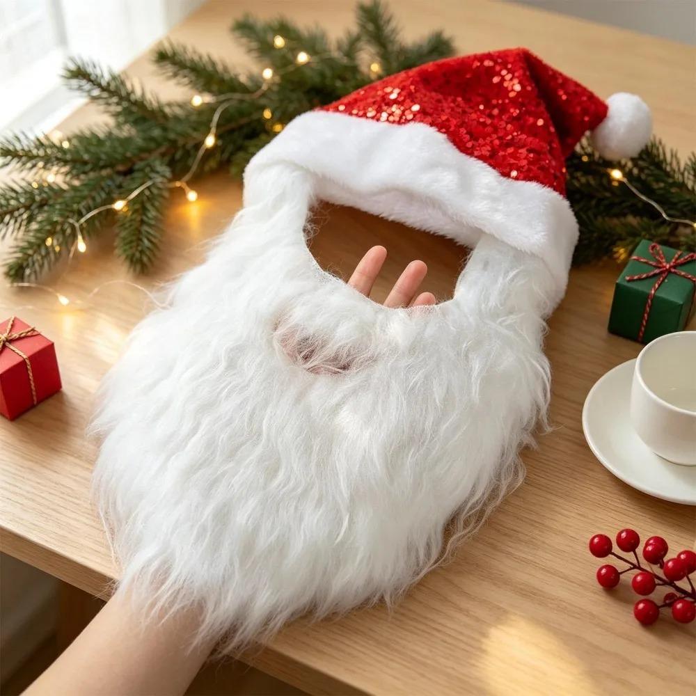 Unisex Santa Hat with Plush Beard Cosplay Christmas Hat Plush Beard Set Funny Xmas Costume Festive Party Decorative Supplies