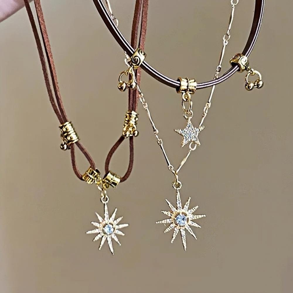 Sun Star Zircon Necklace for Women Vintage Leather Necklace Double Layered Pendant Chain Choker Fashion Jewelry Accessories