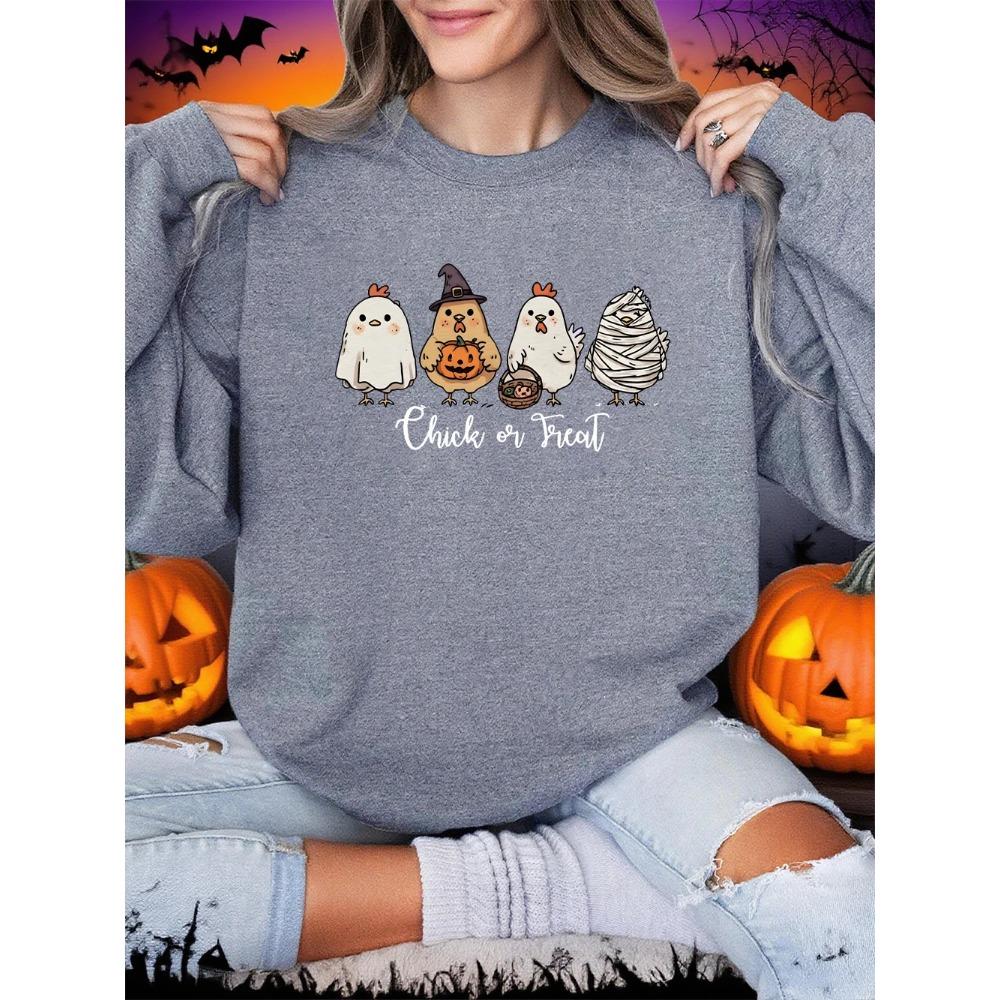 Four Different Shaped Chicks Prints Halloween Sweatshirt Women Winter Hoodie Crewneck Loose Pullover Casual Soft Clothes