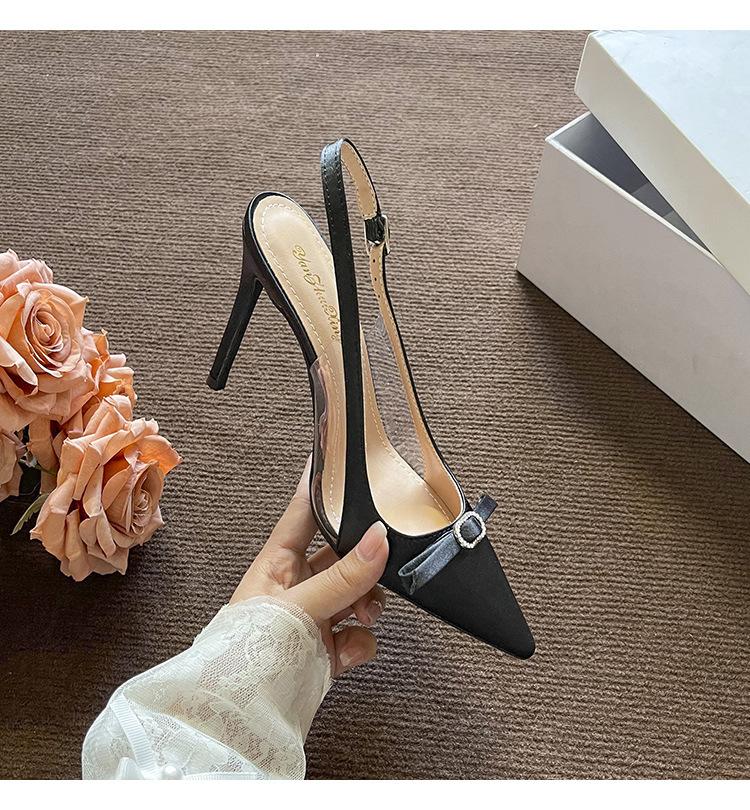 Fashion 2025 Spring And Summer New French Pointy Stiletto Heels Champagne High Heels Wrapped Head Satin Fairy Bow Sandals Pumps
