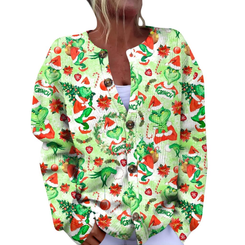 Women's Fashion Christmas Printed Long Sleeve Knitted Cardigan Button Down Jacket