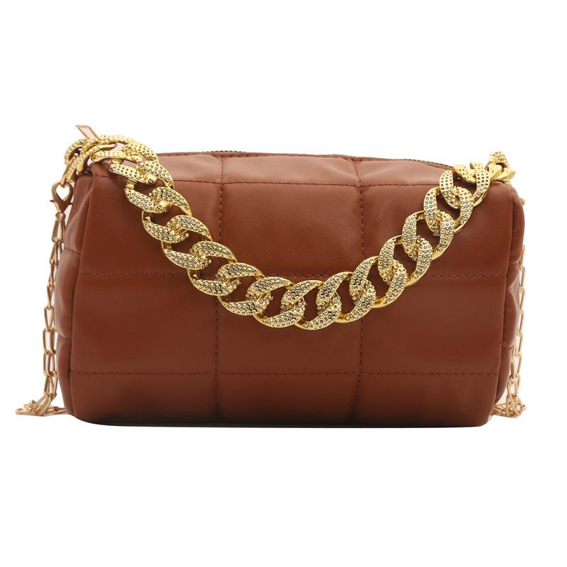 

Європейська та американська картата портативна сумка-подушка з товстим ланцюгом 2024 року, нова жіноча сумка-мессенджер з текстурою на одне плече коричневий