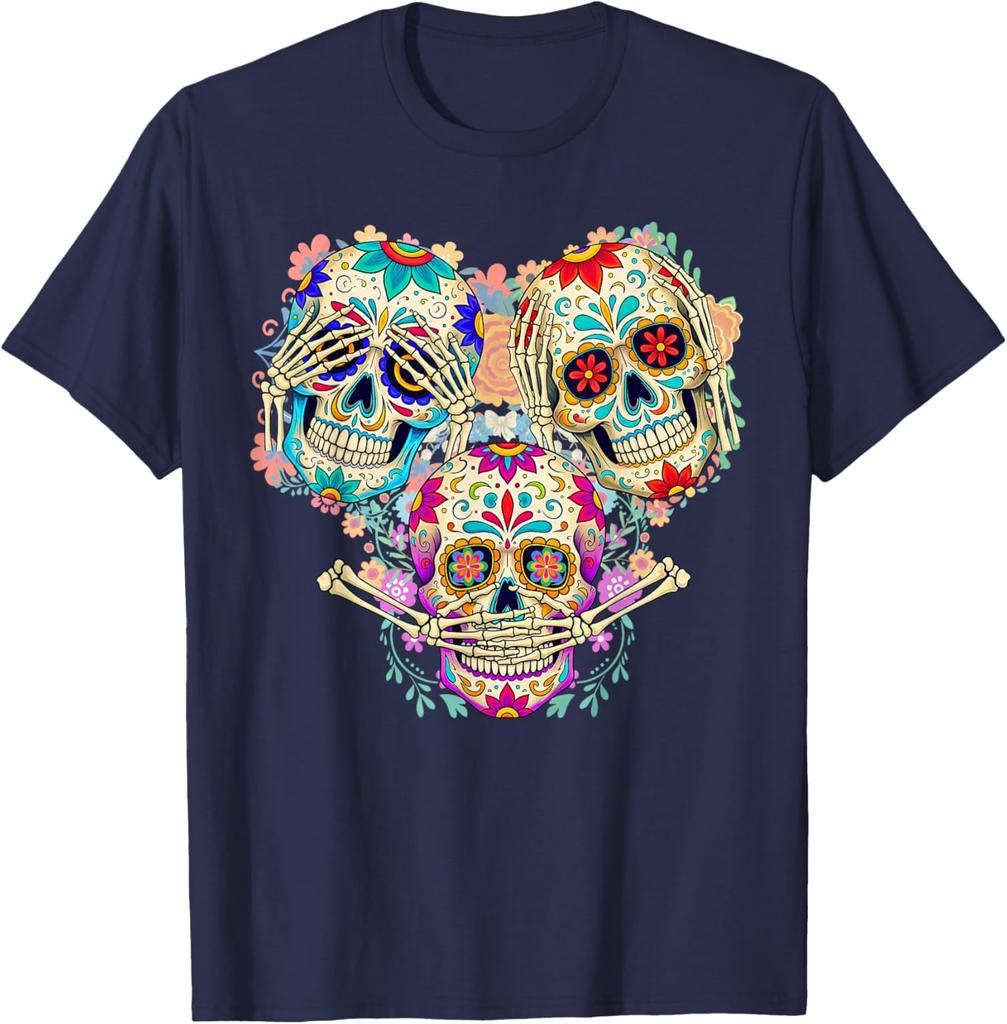 Sugar Skull Three Wise Monkeys Day of The Dead Graphic Tee Breathable Men Casual Trip T-Shirt