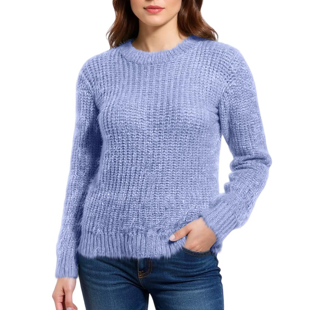 Women's Winter Mohair Candy Color Long Sleeves O-Neck Knit Top Sweater
