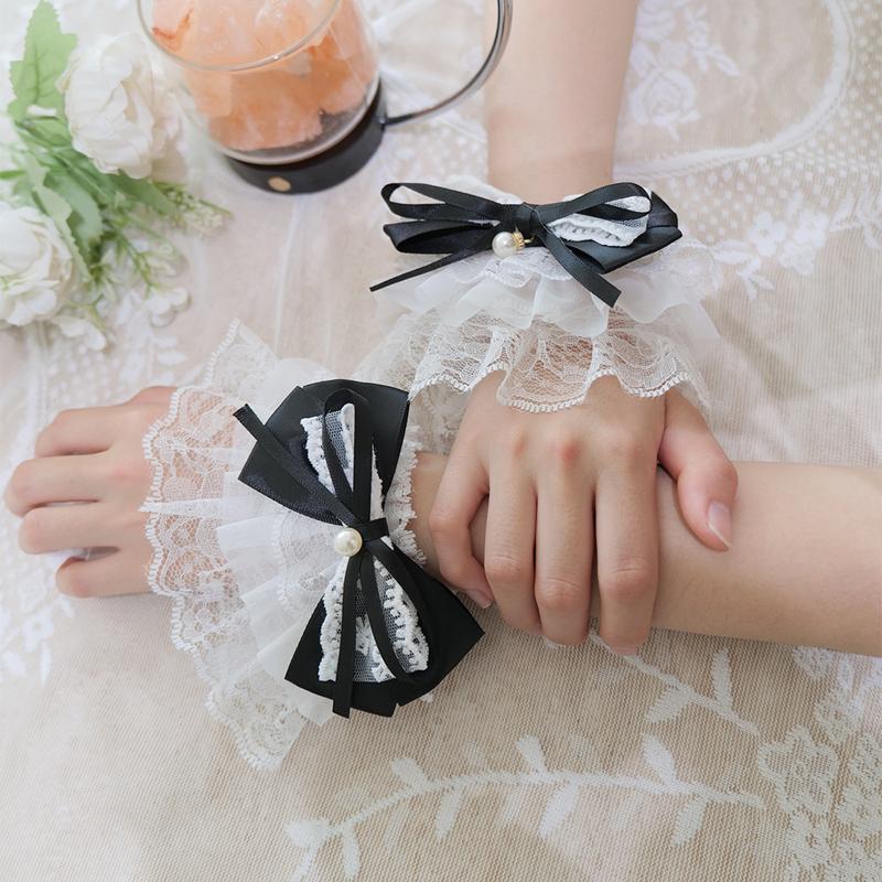 

Sweet Lolita Girls Bow Ruffle Fake Sleeves Tea Party Hand Cuffs Wrist Bracelet Maid Cosplay Costume Accessory