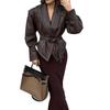 Women's Dark Brown Belted Faux Leather Trench Coat with Wide Lapel