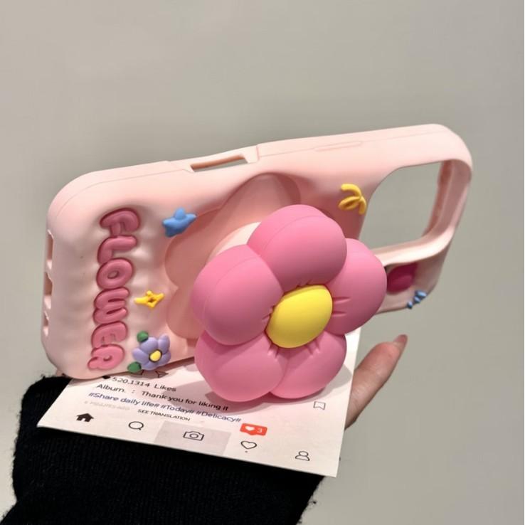 Girl's heart pink three-dimensional flower bracket for iphone16promax Apple 15 mobile phone case 14 new women