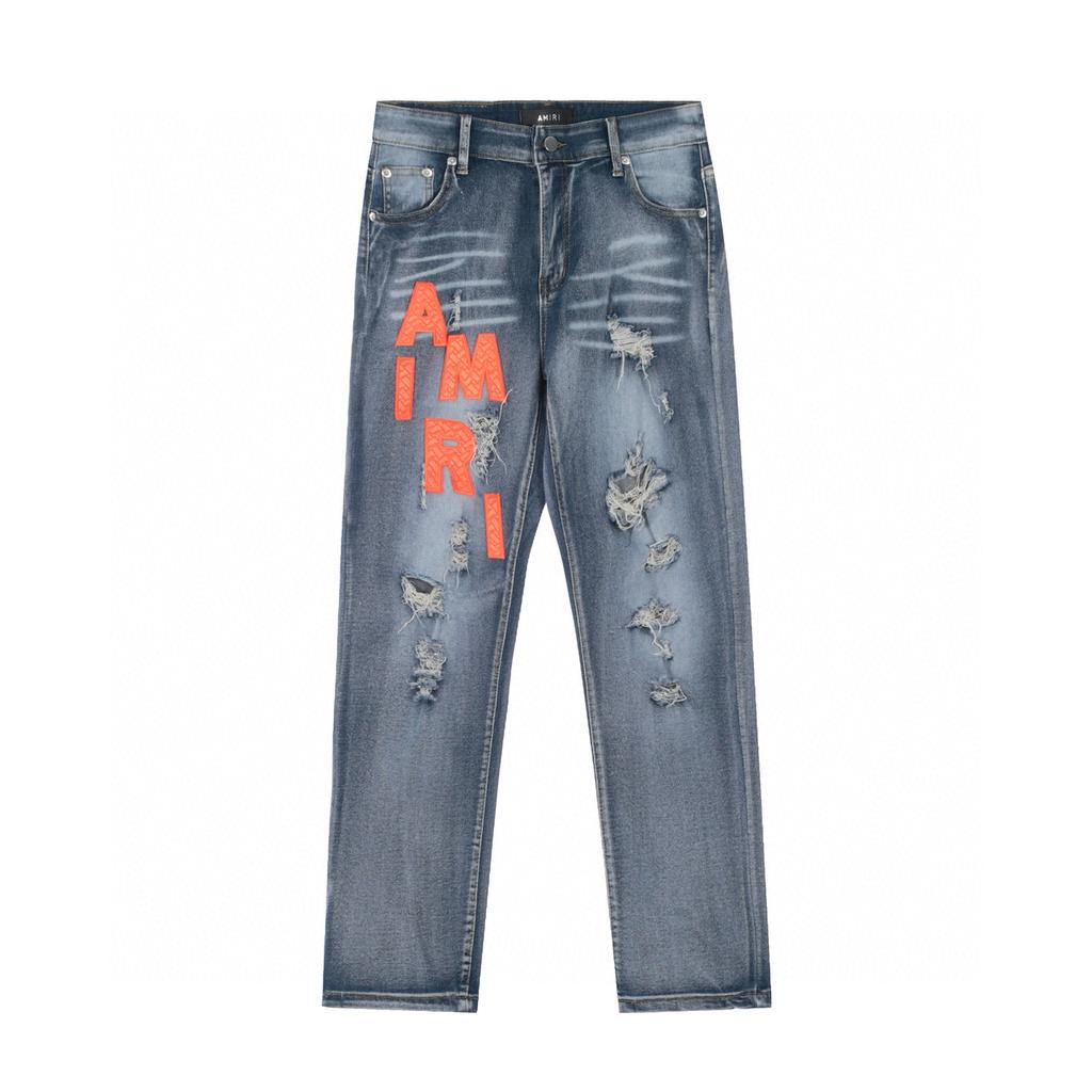 M38 Amiri Herren- und Damen-Jeans im amerikanischen Stil mit Stoffflicken, Löchern, Stickereien, lässige und modische High-Street-Hosen
