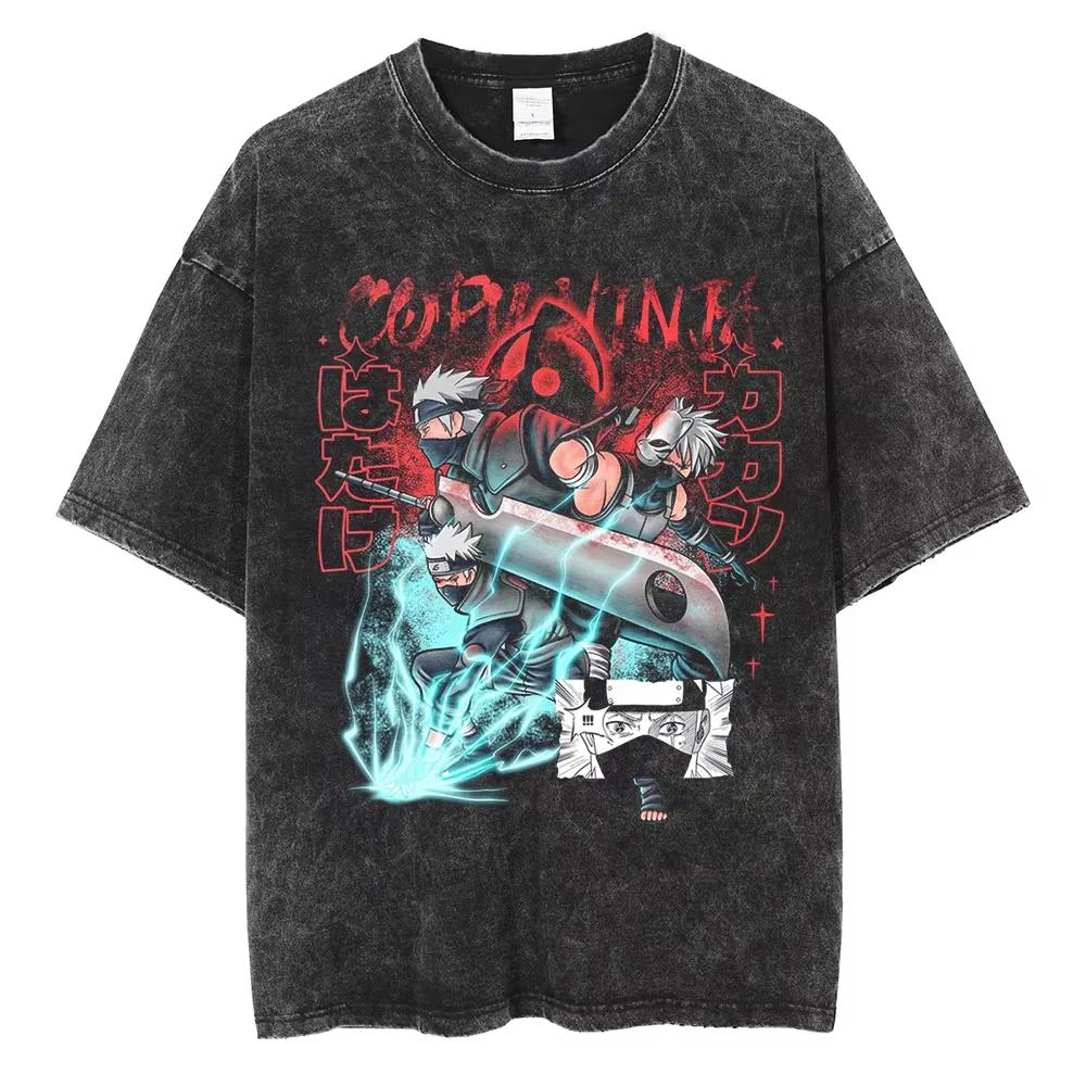 Anime Naruto TShirt Manga Retro Washed Version Kakashi TShirt Pain TShirt Lee Tobi Top Mens  Cotton Streetwear