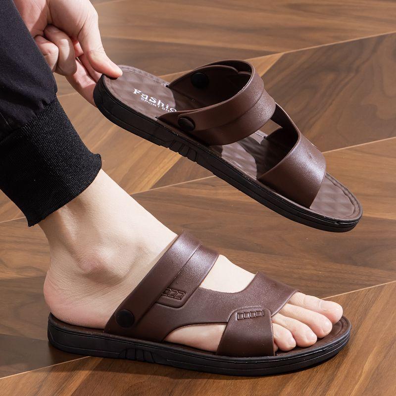 Men's Leather Thick Sole Beach Summer Outdoor Dad Non-Slip Wear-Resistant Dual-Purpose Cool Slippers